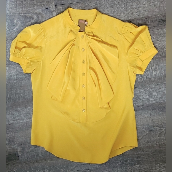 Ali Ro Ruffle Front 100% Silk Button-Up Blouse Womens 4 Goldenrod Short Puff Sle - Picture 6 of 10